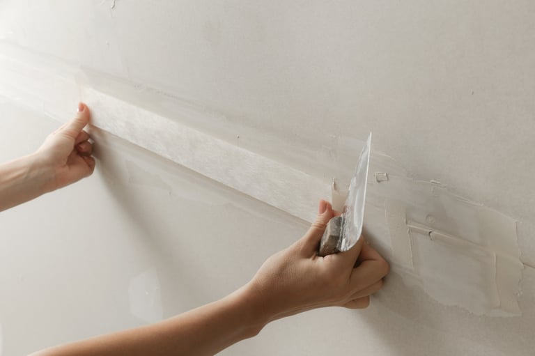 Woman taping and mudding joins pieces of drywall into a single solid wall