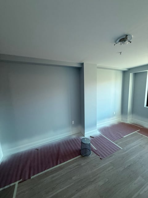 Empty room under renovation with exposed walls, ceiling fixture, drop cloths, and wooden flooring